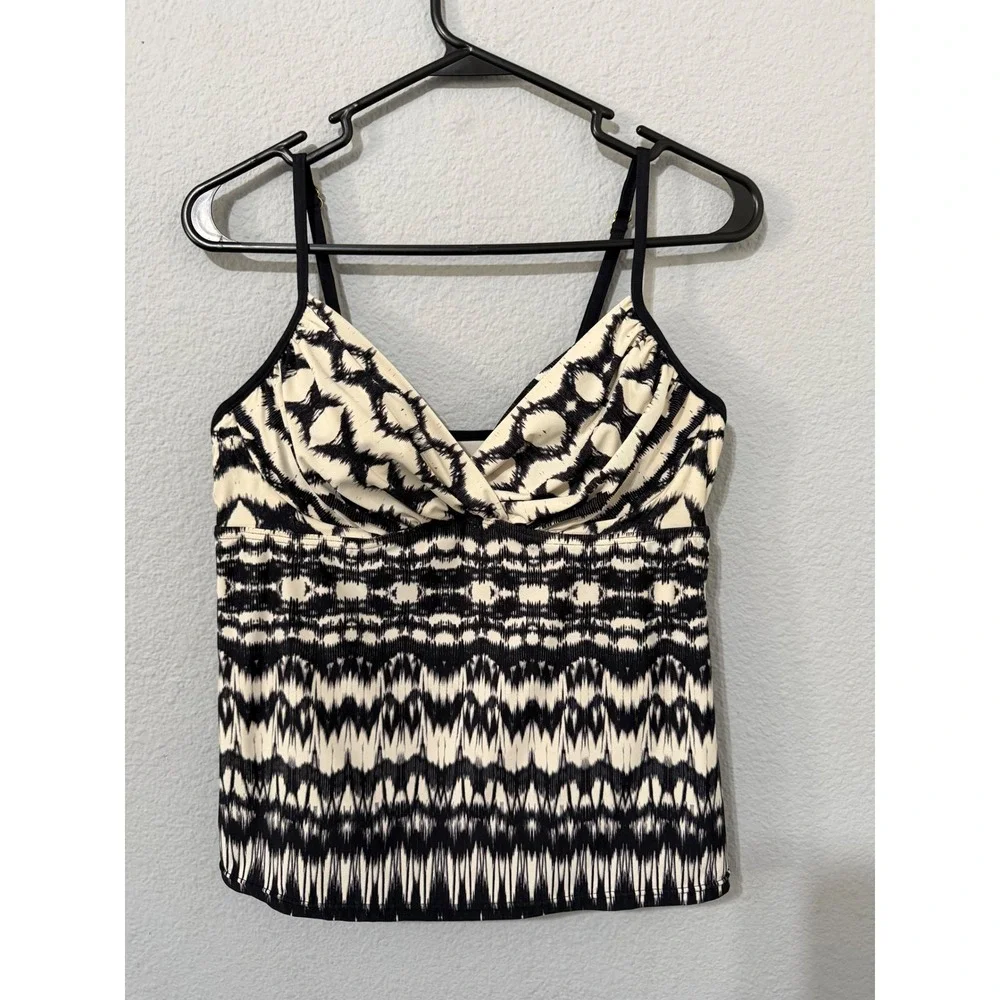 Badgley Mischka Womens Black White Ikat Print Tankini Swim Top Size 10 V-Neck